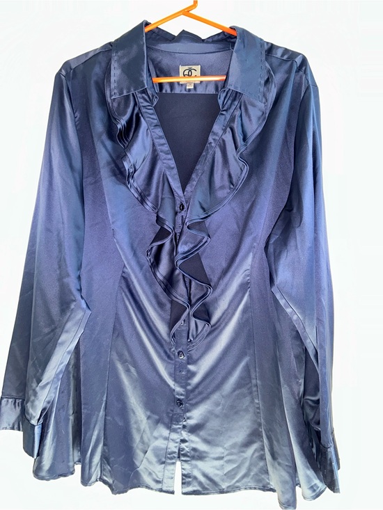Queens collection Tops - Royal blue Satin Ruffle Front Blouse sz 3X designer Queens collection ,